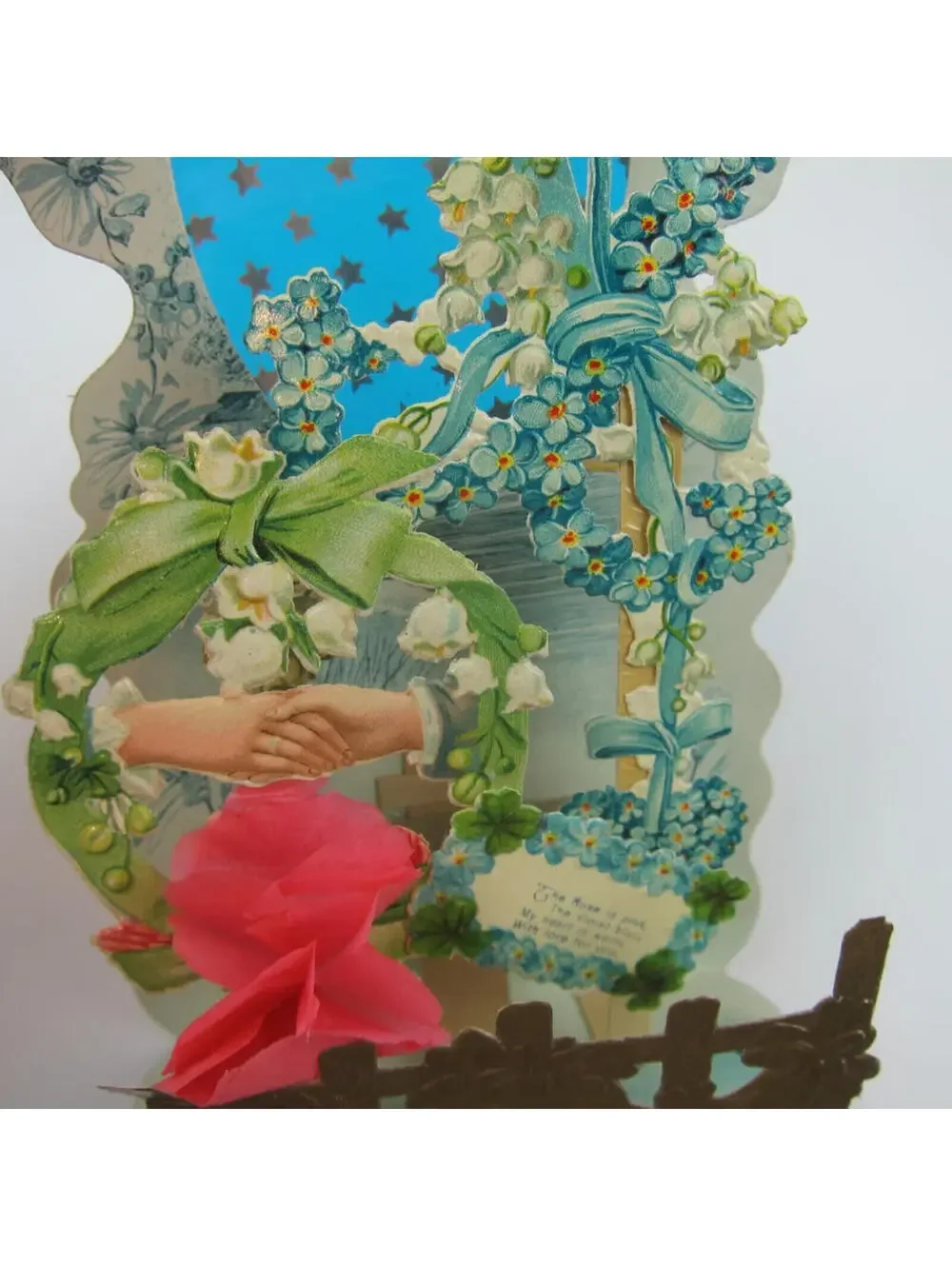 Antique Valentine Honeycomb 3D Pop Up Blue Heart Gold Stars Flowers Fence Hands